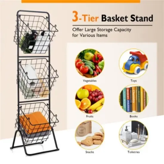 FURNIinspire Kitchen Racks 3 Tier Fruit Basket Stand, Steel Food Storage Rack Removable Wire Bowls with Non-Slip Pads, Black, 11"*12"*42.5" image {3}