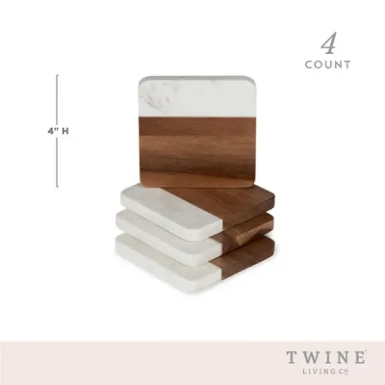 Twine Marble and Acacia Coasters, Modern Square Coasters, Acacia Wood, Marble, Protect Tables and Surfaces, Set of 4 image {2}
