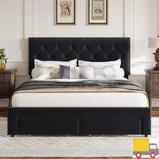 Garvee Upholstered Full Bed Frame with Storage Drawers, Velvet Platform Bed with Tufted Headboard & Rivets, No Box Spring Needed, Noise Free, Black image {2}
