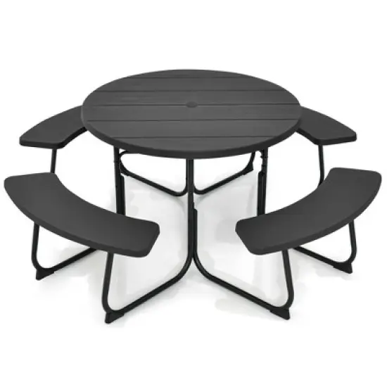 Costway Outdoor 8-person Round Picnic Table Bench Set with 4 Benches & Umbrella Hole Black/Grey/Green/White image {8}