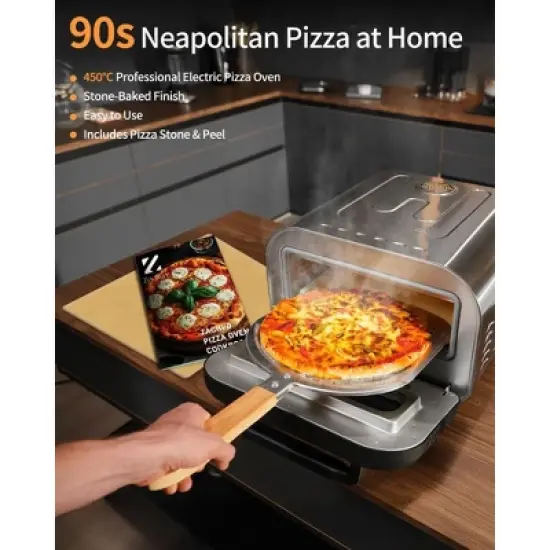 ZACHVO 1700W Electric Pizza Oven, 842&deg;F Max, 90-Second Pizza, 12.6 Inches Stone, 5 Presets, 1700W, Silver image {3}