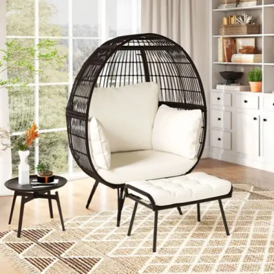 Costway 2 PCS Patio Wicker Lounge Basket Set Oversized Egg Chair with Soft Cushions image {4}