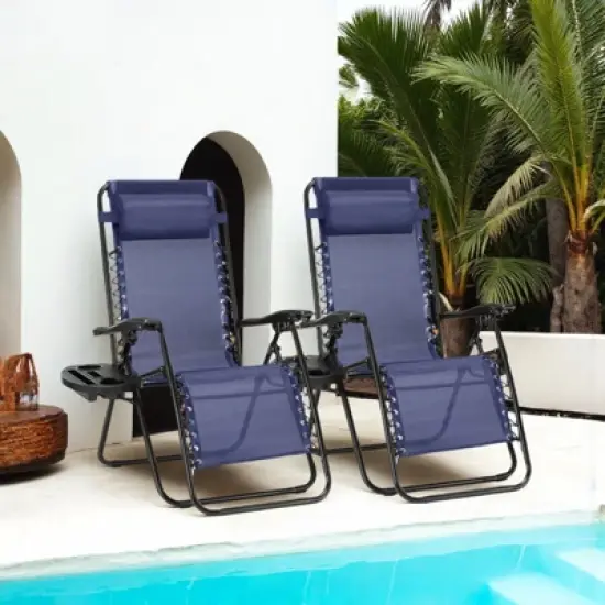 FURNIinspire Outdoor Portable Chairs Lounge Chairs Patio Folding Recliners For Pool Beach Garden With Pillow And Cup Holder, Blue, 62.8"*24.22"*43.3" image {5}