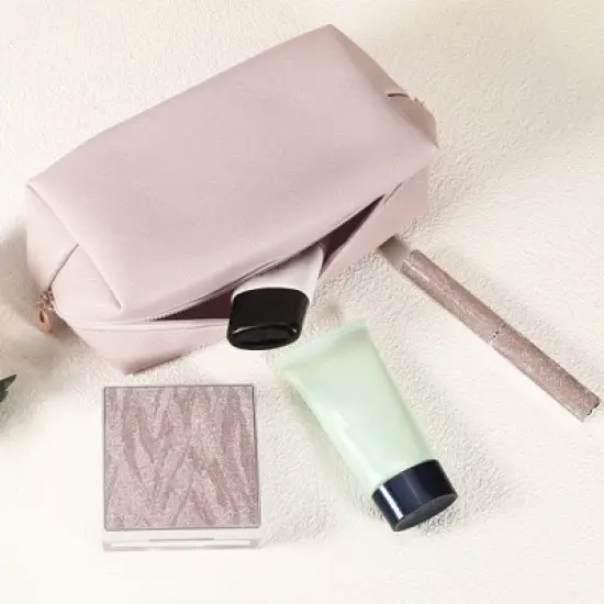 Unique Bargains Small Portable Travel Cosmetic Bag Pink 6.69"x2.95"x3.54" 1 Pc image {1}