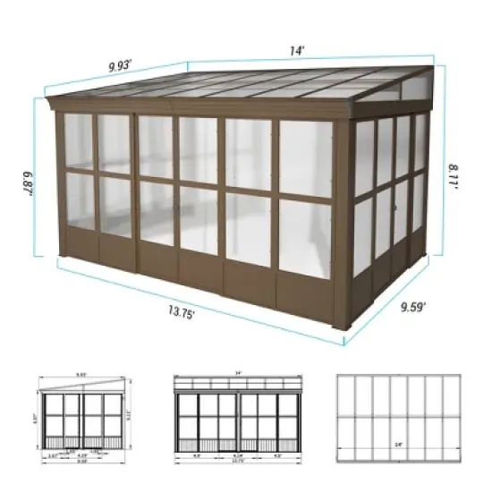 Mondawe Lean to Sunroom 10x14FT, Wall Mounted Solarium with Sloping Polycarbonate Roof, Detachable Screens and 2 Lockable Sliding Doors image {12}