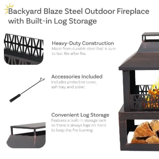 Sunnydaze Backyard Blaze Heavy-Duty Steel Outdoor Fireplace - Built-In Log Storage and Protective Cover - 35-Inch H - Brushed Bronze image {8}
