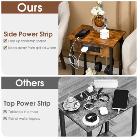 Costway Set of 2 End Tables with Charging Station Industrial Bed Side Table with AC Outlets & USB Port Rustic Brown image {4}