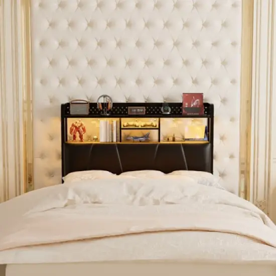 Aheaplus Upholstered Headboard with Storage Shelf, Charging Station and LED Light image {1}