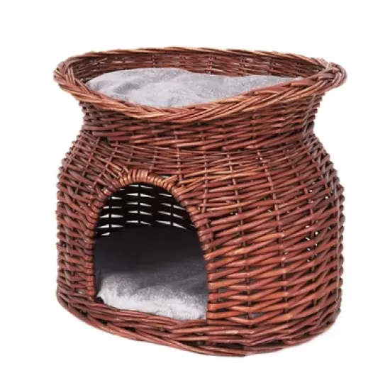 2 Tiers Handwoven Rattan Elevated Cat Bed Raised Wicker Pet Basket Indoor with 2x Soft Cushion image {6}