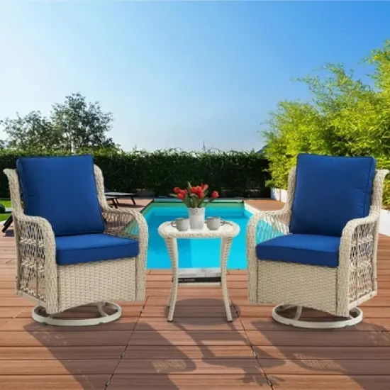 3 Pieces Patio Furniture Set,Outdoor Swivel Rocker Patio Chairs, Wicker Patio Bistro Set with Rocking Chair, Thickened Cushions and Coffee Table image {12}
