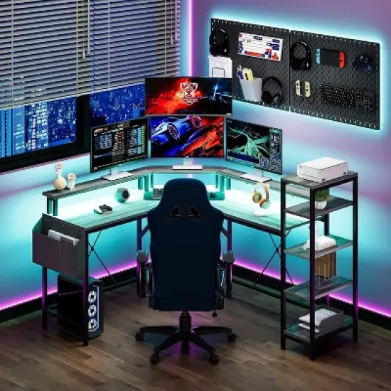 L Shaped Gaming Desk with Power Outlet & Led Lights, L-Shaped Corner Computer Desks Gaming Desk with 5 Shelves and Storage Bag, Pc Table Gray image {4}