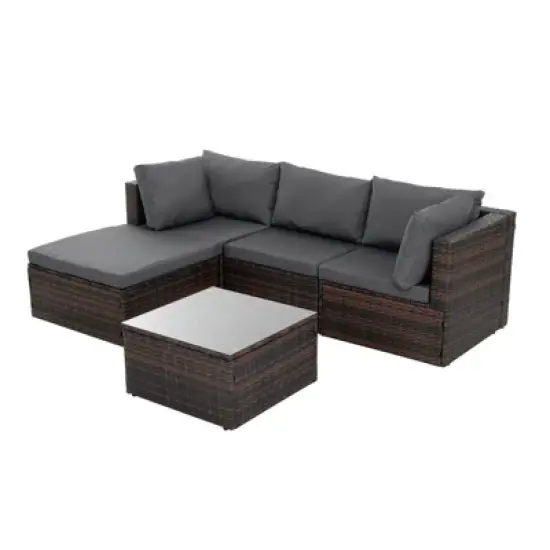 GlasFlength 5PCS Patio Seating Rattan Furniture Set Sectional Sofa Cushioned Garden, Tempered Glass Table, Grey, 28.94"*28.55"*24.8" image {4}