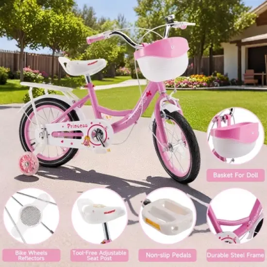 Topteng Girl Children's Bicycle Outdoor Ride-On Bike with Kickstand, Adjustable Seat, and Basket, Pink/Purple image {8}