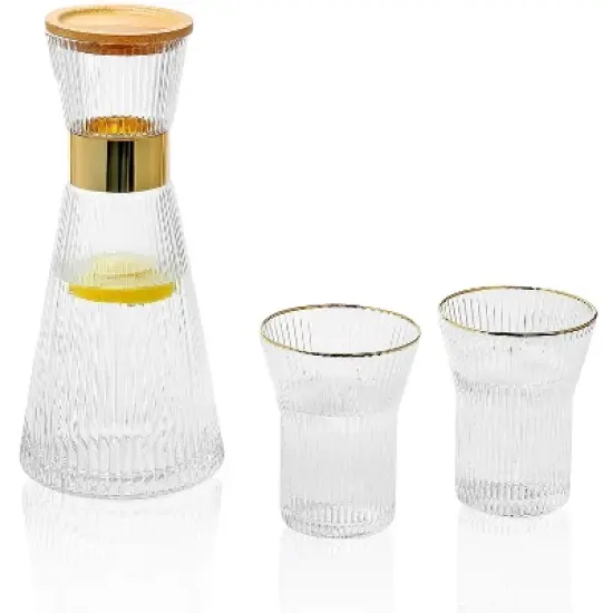 Slickblue Stylish Hand-Blown Clear/Grey Glass Carafe Set with Bamboo Lid, 34 oz Carafe and 2 Glasses image {4}
