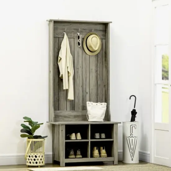 HOMCOM Hall Tree with Shoe Storage Bench, Entryway Bench with Coat Rack, Accent Coat Tree with Adjustable Shelves for Hallway, Mud Room, White image {1}