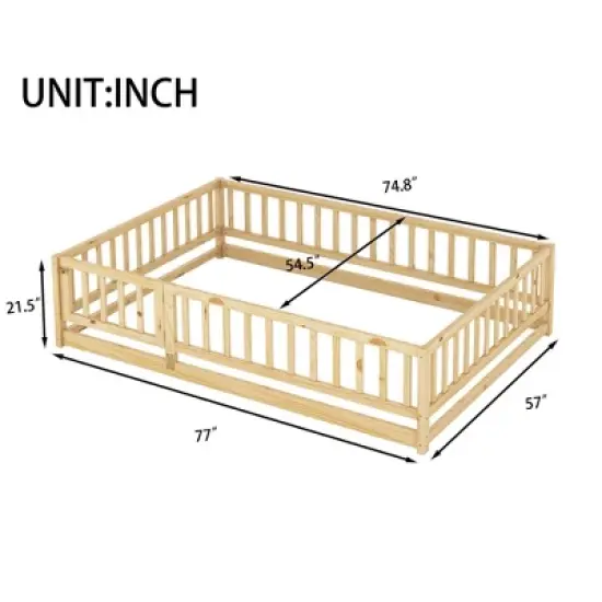 Okak Montessori Floor Bed Twin/Full Size,Toddler Bed with Safety Fence & Door, Solid Wood Kids Bed Frame for Nursery & Bedroom image {2}