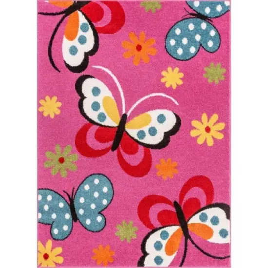 Well Woven Modern Daisy Butterflies Bright Kids Room Carpet Soft Durable Pink Area Rug image {10}