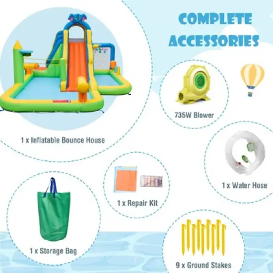 Tangkula Inflatable Water Slide 9-in-1 Blow-up Water Park for Kids with Splash Pool Climbing Wall Water Guns Basketball Toss with 735W Blower image {6}