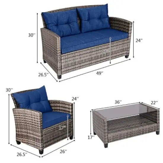 Tangkula 4PCS Rattan Furniture Set Coffee Table Cushioned Sofa Garden Lawn Patio Navy image {7}