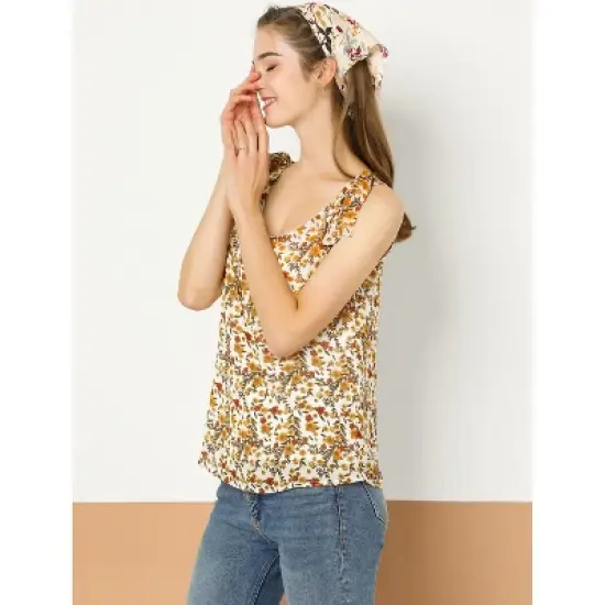 Allegra K Women's Sleeveless Casual Bow Tie Decor Strap Chiffon Floral Tank Tops image {3}