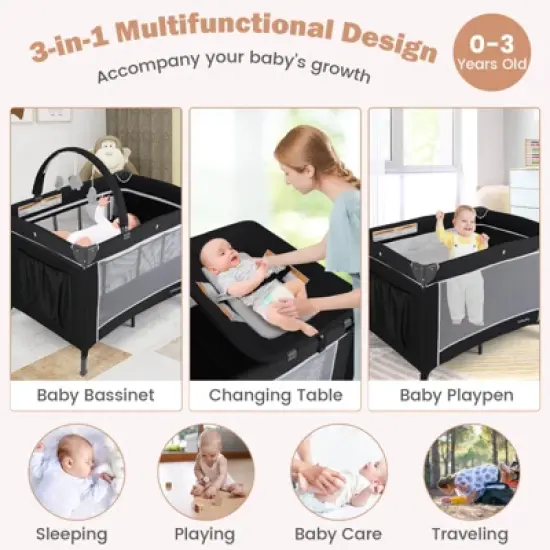 Safstar 3 in 1 Pack and Play with Toy Bar Diaper Changing Table with Safety Belt image {3}