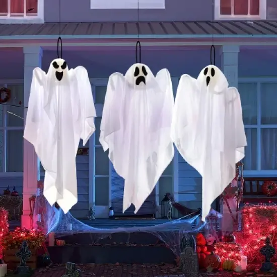 Joyfy 3Pcs Halloween Hanging Ghosts Outdoor Decorations, 27.5in White Flying Ghost Halloween Party Decor for Front Yard Patio Lawn Garden Trees image {8}