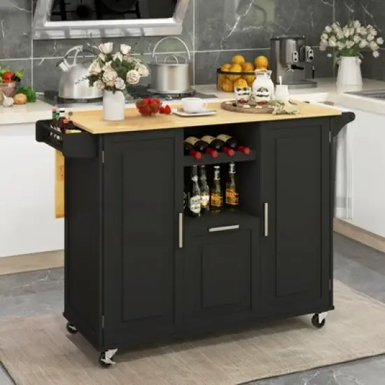 Costway Rolling Kitchen Island Utility Serving Cart with Drop Leaf Wine Rack Drawer image {1}