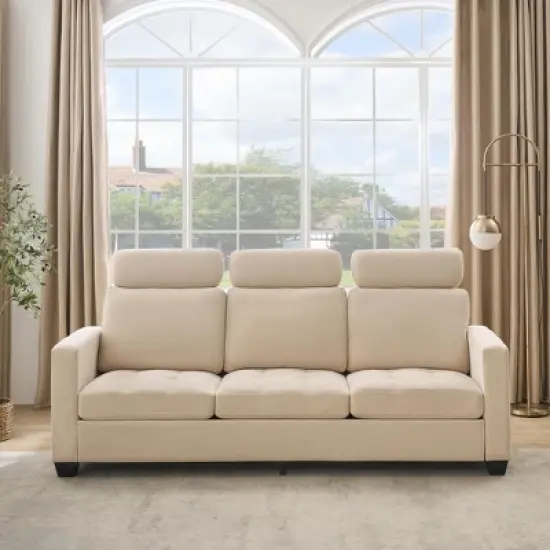 3 Seat Sofa Couch, 89'' Chenille Fabric Upholstered Sofa with Wide Armrest and Removable Headrest, Comfy Couches with Side Storage Pockets image {2}