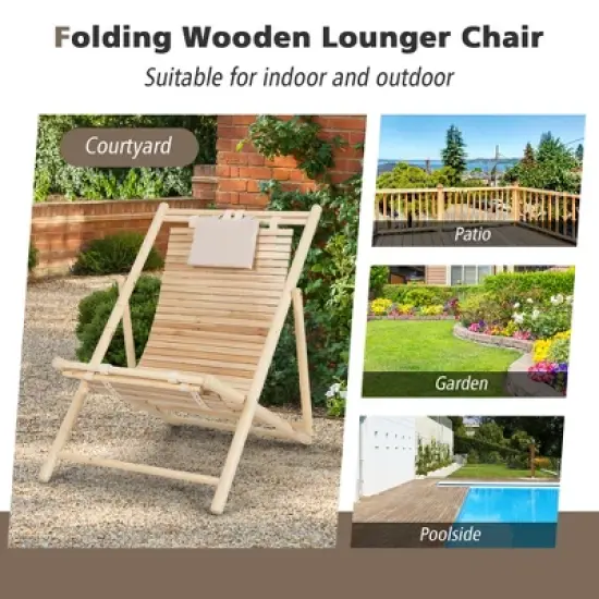 Costway Patio Outdoor Adjustable Folding Wood Sling Chair Reclining Lounge Assembly Free image {4}