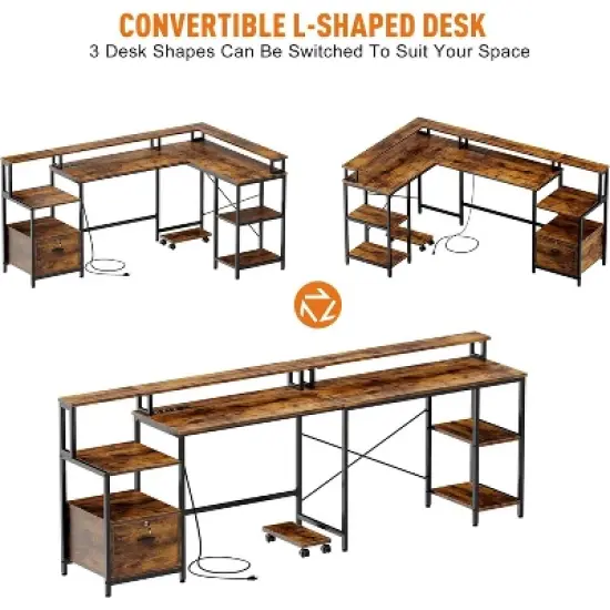 L Shaped Office Desk - 76" Reversible L Shaped Computer Desk Office Desk with Power Outlet and File Drawer Gaming Desk with Monitor Shelf Desk image {6}