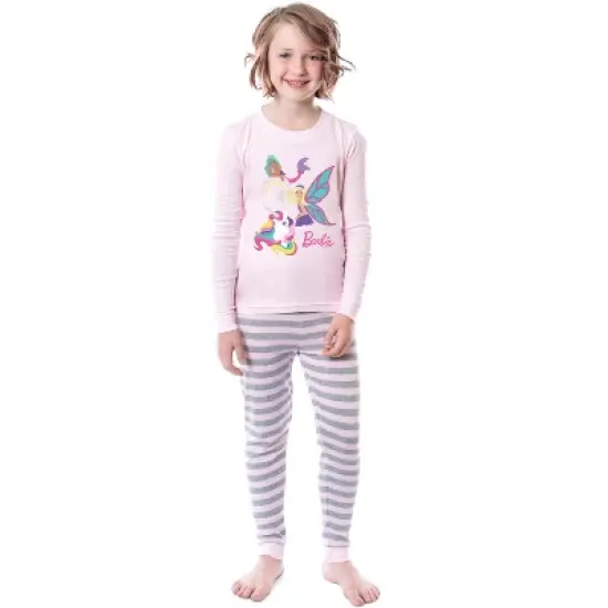Barbie Girls' Magical Mermaid Fairy Unicorn Sparkle 2 Piece Sleep Pajama Set Pink image {4}