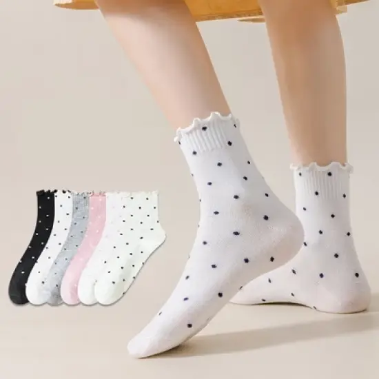 Anna-Kaci Women's Polka Dot Ankle Socks Set Soft Cotton Blend Ruffle Trim Cuff Multiple Color Combos 5 Pairs image {1}