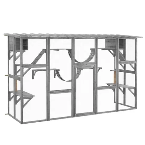 PawHut Catio Playground Outdoor Cat Enclosure, Wooden Outdoor Cat House Weatherproof for Multiple Cats, Shelves & Bridges image {7}