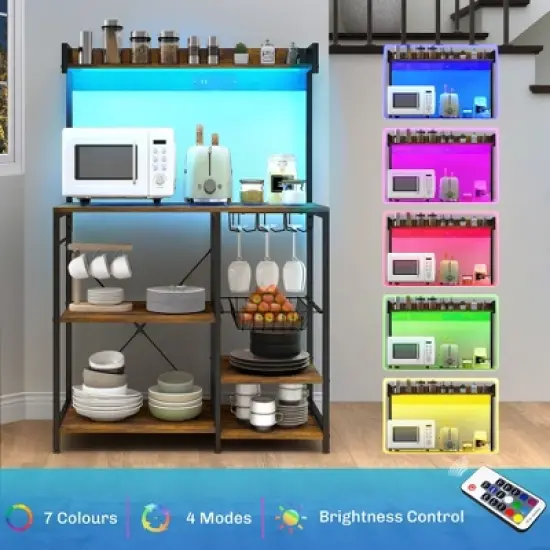 LIVAREEmlen Baker's Rack with Power Outlet & LED Lights, for Kitchens with Storage, Industrial Microwave Stand with Glass Holders, Metal Basket image {6}