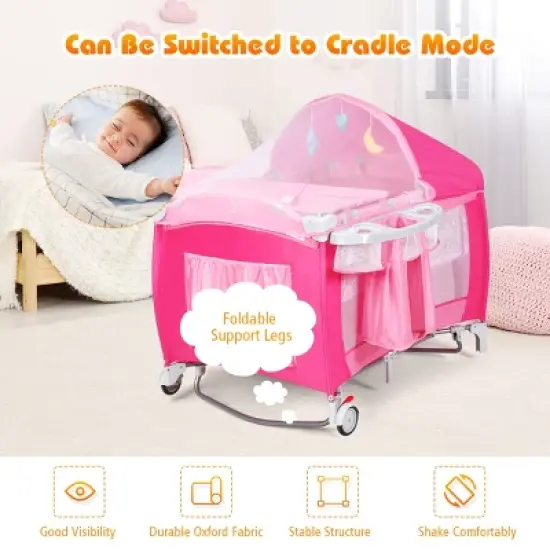 Infans 4-in-1 Portable Baby Playard w/Changing Table, Diaper Storage Bag, Music Box, Wheels with Brake, Foldable Newborn Play Yard w/Carry Bag, Pink image {3}