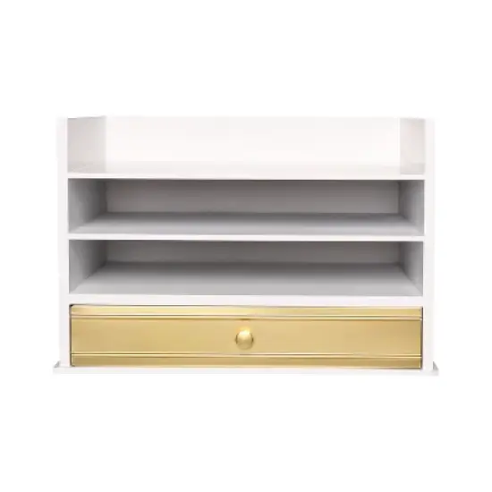 Kate and Laurel Industrious Rectangle Wood Letter Tray, 13x9x10, White and Gold image {1}