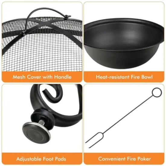 WELLFOR 35.5" Wood Burning Dining Table Outdoor Fire Table With Cover & Cook Grate W-70941 Black image {4}