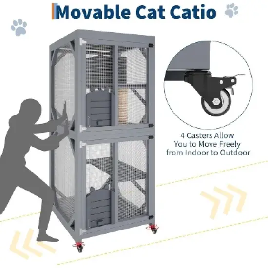 Acekool 68" Outdoor Cat Enclosure on Wheels, Weatherproof Roof, 4 Platforms, Resting Box & Scratch Post, Portable Catio House, Grey image {4}