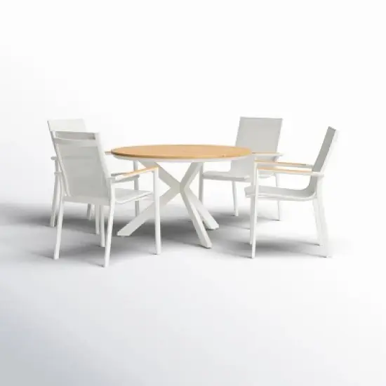 Round Planked Wood Top Outdoor Dining Set 4Piece Textured Mesh Chair Patio Furniture image {14}