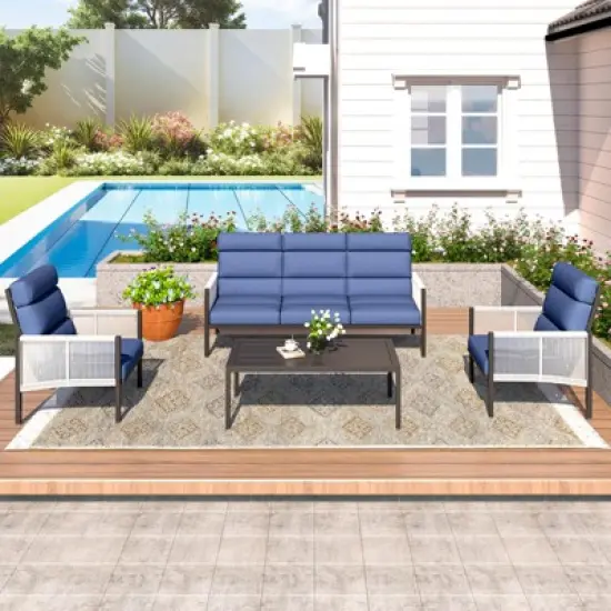 COWLOWN 4 Piece Blue Aluminum All Weather Modern Sectional Patio Furniture Set with Plush Thick Cushions image {2}