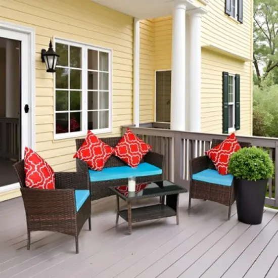 FIONECA 4-Piece Outdoor PE Rattan Sofa Set with Coffee Table and Sapphire Blue Cushions image {2}