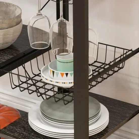 HOMCOM Kitchen Bakers Rack with Power Outlet and LED Lights, Microwave Stand, Coffee Bar with Metal Basket, Multiple Shelves and Glass Holders image {5}