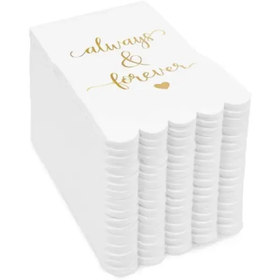 Sparkle and Bash 100 Pack White Napkins for Wedding Reception with Gold Foil Scalloped Edges, Always and Forever, 3-Ply, 4 x 8 In image {2}