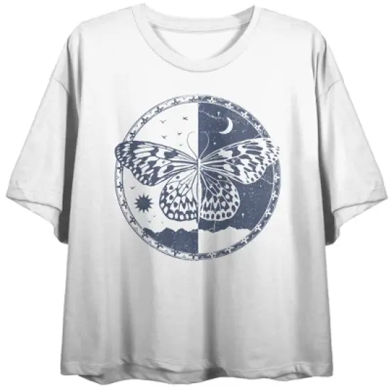 Split Butterfly Day & Night Crew Neck Short Sleeve Women's White Crop T-shirt image {2}