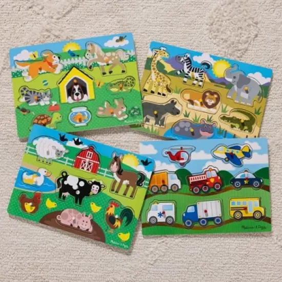Melissa & Doug Wooden Peg Puzzle 4pk - Vehicles, Farm, Safari, Pets: Creative Thinking, Fine Motor Skills image {7}