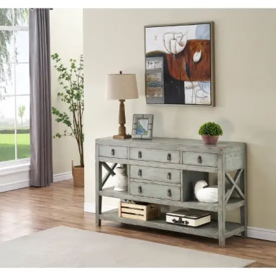 Kara Antique Inspired 5 Drawer Storage Credenza/Sideboard with Shelves Weathered Gray - Treasure Trove image {4}