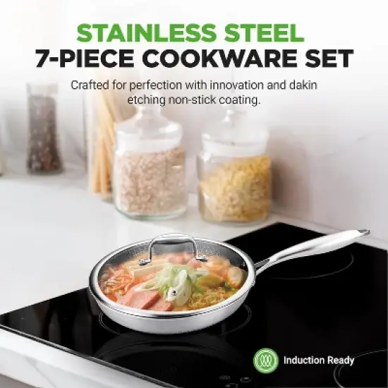 NutriChef 7-Piece Triply Stainless Steel Cookware Set with Nonstick Coating - Stir Fry Pans and Wok image {2}