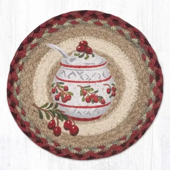 Earth Rugs Jam Jar Cranberry Round Trivet &ndash; 10" Fruit Print on Braided Natural Jute Table Mat image {3}