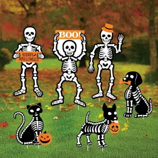 Collections Etc Dog and Cat Skeleton Outdoor Stake Halloween Decoration - Set of 6 image {1}