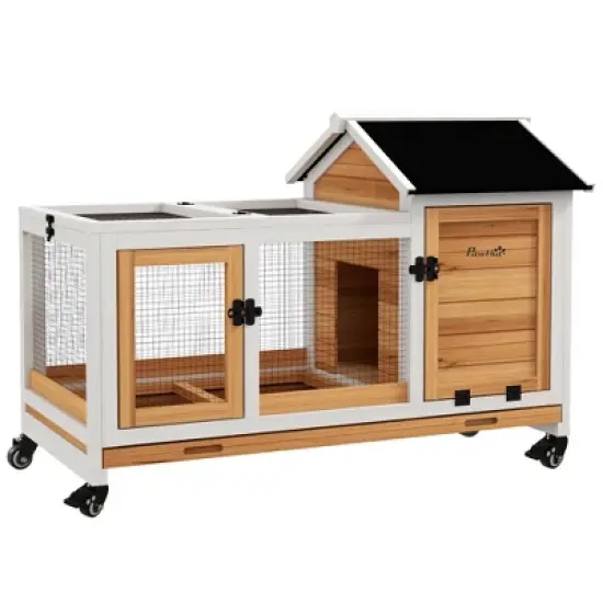 PawHut Indoor Outdoor Wooden Rabbit Hutch with Wheels, Large Bunny Cage with Run, Slide-out Tray for Small Animals, Guinea Pig image {7}